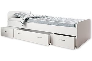 ‎STELLA TRADING Boro Modernes Einzelbett mit 3X Schubkästen 90 x 200 cm - Praktisches Jugendzimmer Kojenbett in Weiß - 95 x 66 x 204 cm (B/H/T)