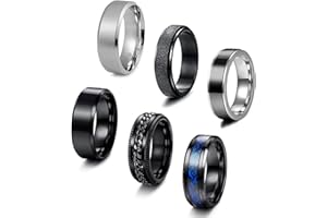 Cloyo 6PCS Men's Rings Stainless Steel Spinner Ring Set for Men Black Fidget Ring Stress Relief Anti Anxiety Jewelry Silver Plain Ring Size O-V 1/2