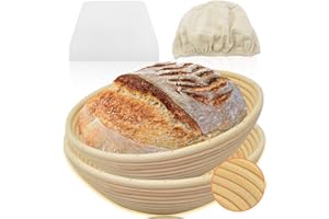 Walfos Cestino per la fermentazione per il pane, 23 cm, rotondo, Banneton Proof, set da 2 cestini per il pane in stile francese, 100% rattan naturale, raschietto per pasta incluso