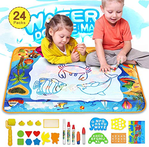 AOLUXLM Regali Natale Bambini 2+ Anni, Doodle Tappeto,Giocattoli Bambina Tappeto Magico Acqua con 23 Accessori di Disegno, Giochi Bambina 100 * 70cm (Spiaggia)