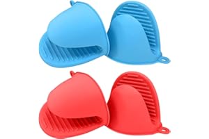Harewu 4 guantes de horno de silicona resistentes al calor, mini guantes de horno de goma para cocina, freír, cocinar, hornear, barbacoa (azul + rojo)