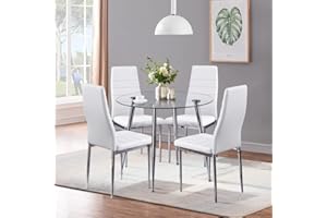 GOLDFAN Esszimmergruppe mit Glass Esstisch und 4 Stühlen Glastisch und Weiß Stuhl Runder Tisch für Wohnzimmer Küche