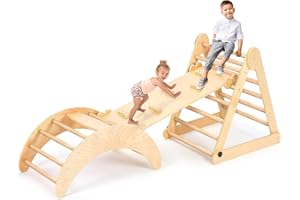 YOLEO Kletterbogen Holz, 3 in 1 Bogenwippe, Indoor Klettergerüst für Babys ab 2 Jahr, Montessori Wippe, Spielbogen mit Kletterdreieck/Rutsche Kombinierbar, Leiter für Gleichgewichtstraining