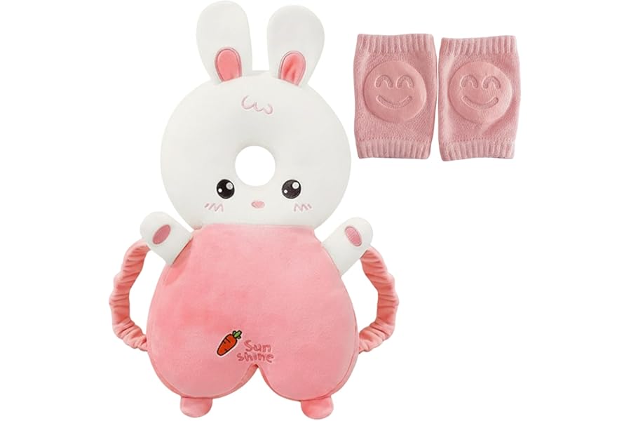 Baby Head Protector Backpack, Head Protection for Baby, Adjustable Safety Helmet Pad for Infants and Toddlers 5–24 Months, 1 Piece Rabbit Head Protection Pad with Pink Knee Pads