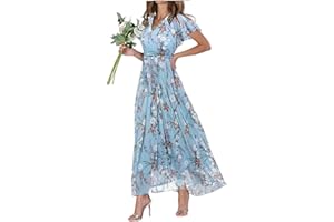 FZKUN Women's Chiffon Floral Maxi Dress - Summer Elegant Boho Long Flowy Dresses Ruffle Sleeves V Neck Vacation Beach Outfit Wedding Guest Engagement Cocktail Party