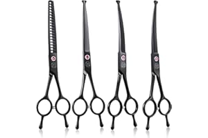 Moontay 7" Dog Grooming Scissors Set, Reversible Trimming Thinning Chunkers, Curved, Straight Cat Pet Grooming Shears with Safety Rounded Tip for Grooming Full Body (Chunker Set-Black-Rounded Tip)