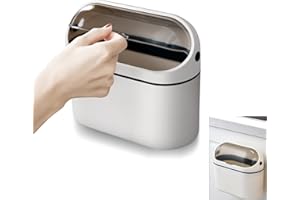 Bailtouk Cubo de Basura de Mesa con Tapa, 2L Mini Papelera Escritorio de Montaje en Pared, Papelera Pequeña Papelera de Baño para Cocina, Dormitorio, Baño, Oficina, Blanco Marfil (20.5×10.2×19cm)