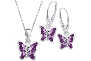 Goldene Hufeisen Mädchen Kinder Kristall Schmetterling Brisur Ohrringe + Anhänger + 40cm Kette 925 Silber Set