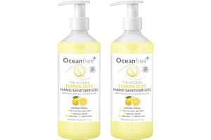 OCEAN FREE Lemon Zest Hand Sanitiser Gel - 500ml Pump Bottle - 70% Alcohol - Made in the UK (Pack of 2)