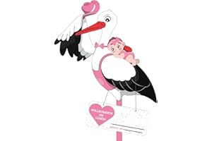 SUNSHINE SMILE Storch Geburt für Draussen,Klapperstorch Zur Geburt Draußen,Welcome Baby,Holzstorch Zur Geburt,Baby Storch Mädchen,Baby Storch Geburt,Storch und Baby,Holzstab+ Namensschild Grußkarte