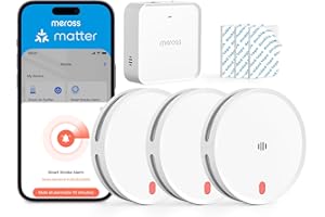 Meross Matter Rilevatore di fumo WiFi connesso, allarme antincendio intelligente con doppio sensore ottico, rilevatore di fumi con avviso APP, rete 0,8 mm, 33 mm, con Hub MSH450, 3 pezzi