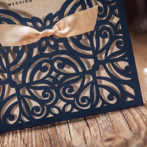 Wishmade Einladungskarten Für Hochzeit Geburtstag Taufe Party Satinband Bowknot Kraftpapier Blanko Set 50 Stücke inkl Umschläge und Aufkleber - 7