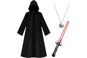 Amycute Jedi Robe Costume Adults Hooded Cloak Halloween Cosplay Cape, Jedi Knight Robe Cloak for Women Men with Necklace Lightsaber