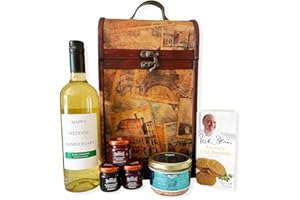 FINE FOOD STORE 'Happy Wedding Anniversary' Fine White Wine and Food Hamper Presented in a Clarendon Vintage Style Wooden Wine Carrier - Gift Ideas for Wedding Anniversary