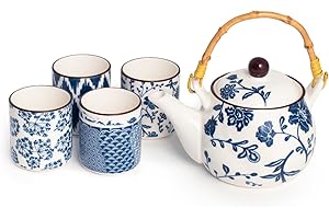 H&H Seta Set 5 Pezzi in Porcellana, Bicchierini + Teiera 500cc, Blu e Bianco