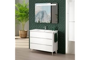 B BAÑO TOTAL Mueble de Baño Siena a Suelo + Lavabo Cerámico | Mueble Baño con Patas de Fondo Reducido y 3 Cajones (70x40cm, Blanco Brillo)
