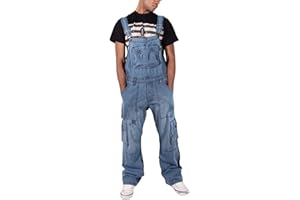 Peviani Men's Cargo Combat Urban Designer Denim Loose Fit Dungarees, Blue (UK, Alpha, L, Regular, Regular)