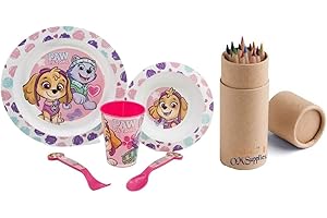 OM SUPPLIES Paw Patrol Girl Cartoon Character Dinner Tableware Set 5pcs Plate, Bowl, Cup & Cutlery, BPA Free re-usable Plastic Microwave Safe Includes Half Size 12pcs Pencil Set (Paw Patrol Girl)