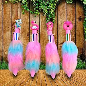 Yoop 6-in-1 Unicorn Retractable Roller Ball Multicolor Feather Fur Ballpoint Pen - 6 Pieces Furry Pens for Kids & Girls Birthday Return Gift to Love One (Set of 4)