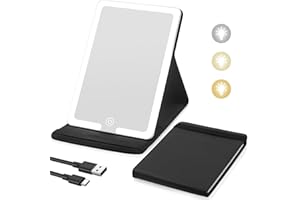 SUUPVAOR Lighted Travel Makeup Mirror, PU Leather Vanity Cosmetic Mirror with Lights, Rechargeable 1500mAh Battery, 3- Color Light Modes Dimming LED Light Up Mirror of 8X5.5inch, Travel Accessories for Makeup