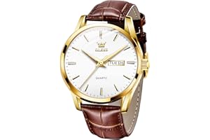 OLEVS Hommes Montre en Cuir Brun BoîTier en Or Analogique Quartz Mode Casual Business Dress Montre - Bracelet Date Night Light ImperméAble