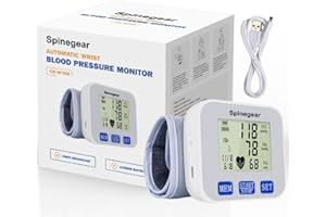 SPINEGEAR Rechargeable Blood Pressure Monitor for Home use UK CE Approved Digital Wrist Cuff BP Machine Pulse Rate Irregular heart beat Detection Meter USB Auto Pressure Cuff Large LCD Display & Voice Broadcast