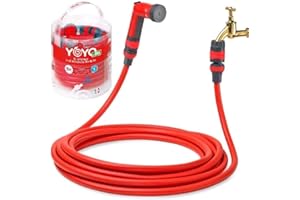 FITT YOYO 8m - la manguera extensible ligera y robusta con pistola, conectores con empalme rápido y aquastop, para utilizar en el jardín, en casa o en viaje. YOYO, la manguera roja fabricada en I