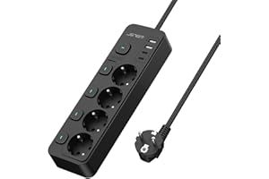 JSVER Regleta Enchufe USB de 4 Tomas con 4 Interruptor Individualcon, Regleta 4 USB Puertos(2 A,2 C) Alargadera Electrica para el hogar, la Oficina y los ViajesCable 2m-Negro