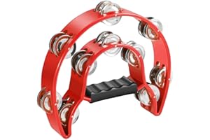 Flexzion Pandereta de metal de media luna, instrumentos musicales de doble fila de metal, instrumentos de percusión con mango ergonómico, panderetas para adultos iglesia, color rojo