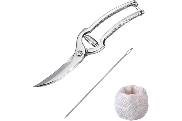 Westmark Set pour Volaille, 3 pièces, 1 Ciseaux à Volaille avec Mécanisme à Ressort, 1 Aiguille à dresser + 1 Fil de Cuison 60m, Acier inoxydable/polyester, Classic, Argenté/Blanc, 137122E6