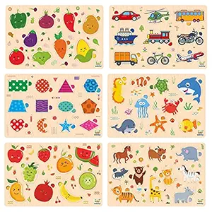 Webby Wooden Educational Colorful Fruits, Vegetables, Sea Animals, Public Transport, Shapes, Animals Puzzle for Preschool Kids- Set of 6