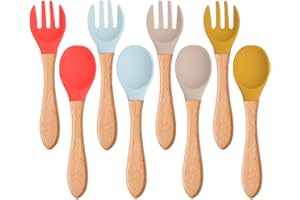 SZJIAHTM 8 Pcs Baby Learning Feeding Soft Silicone Bamboo Wooden Forks and Spoons Set Safety Non-Slip Utensils Candy Color Baby First Stage Self Feeding Accessories Dinnerware Sets