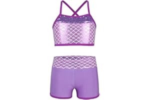 Alvivi Conjunto Brillante de Baile Moderno para Niñas Crop Top y Leggings Cortos Maillot de Gimnasia Rítmica Traje de Deportivo Yoga 6-14 Años