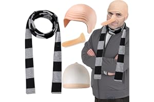 AEYAKA Accesorios para Disfraces de Adultos Bufanda de Rayas Negras y Grises Nariz Postiza Cabeza Calva de Látex Gorro de Peluca Conjunto de Disfraz para Fiesta de Disfraces de Carnaval