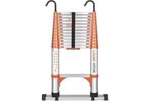 LOUAK&HIRON 3,8M Alu Teleskopleiter mit Haken Ausziehbare Leiter, Klappleiter mit Stabilisator Stehleiter Rutschfester, aus hochwertigem Aluminium, Ausziehleiter Mehrzweckleiter, Haushaltsleiter
