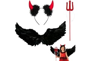 FMKLDENA Ali d'angelo nere, 3 Pezzi Costume da Angelo Nero, Ali Diavolo, Ali Nere Halloween, con Forcone Rosso e Cerchietto con Corno da Diavolo, Ideale per Festa di Halloween Cosplay Vestire