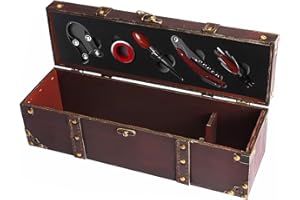 CAILION Wine Gift Set con scatola di legno vintage, contenitore di bottiglia di vino antico di legno con maniglia, 5 pezzi Wine Accessory Set, Wine Gift Set per gli uomini e le donne, Sommelier Set (brown)