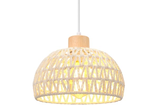 iDEGU Lustre Suspension Rétro Ø 25CM Suspension Luminaire Vintage Style Demi-Cercle Plafonnier E27 en Bois et Rotin Lampe Suspension pour Salon Chambre Salle à Manger Cuisine Café Bar (Blanc)