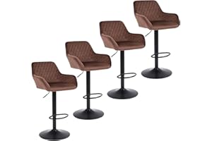 ralex-chair Bar Stools Set of 4, Height Adjustable Velvet Fabric Swivel Barstool Bar Chairs, Breakfast Dining Stools With Backrest and Armrest for Counter and Kitchen, Brown