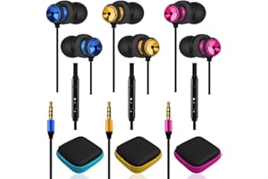 AFUNTA Lot de 3 écouteurs intra-auriculaires avec micro et contrôle du volume et isolation du bruit pour Sony, Samsung, tablette et ordinateur portable,avec 3 étuis de rangement–Jaune/bleu/rose rouge