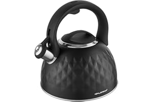 FLORINA Hervidor (2,5 l) | Hervidor de Té de Acero Inoxidable DIAMANTE | Hervidor de Flauta con Mango de Silicona | Hervidor para Estufa de Inducción, Estufa de Gas y Estufa Eléctrica | Color: Negro