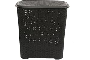 JMS we create smile Small Laundry Basket With Lid Plastic Rattan Style Knit Design Hamper Storage Linen Clothes Washing Dirty Bin Handles For Bathroom (45L Knit Design, Black)