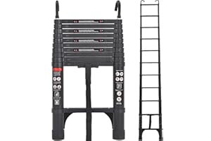 Exleiter Aluminum Telescoping Ladder, 3.2M/10.5FT Portable Extension Ladder with 2 Detachable Hooks Extendable Folding Ladder Anti-Slip Loft Ladder with Certificate EN 131, Black