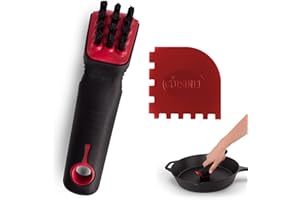 Cuisinel Cast Iron Scrubber Cleaning Brush + Pan/Grill Scraper - Skillet and Grill Cleaner Kit - Soft-Touch Confident-Grip Dish Scrub Tool - Tough on Grease, Gentle on Metal and Non-Stick Cookware