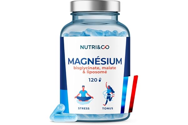 NUTRI & CO Magnésium Bisglycinate Malate & Liposome + Vitamine B6 - Haute Teneur 300mg/j Haute Absorption Supérieure au Magnésium Marin - Fatigue & Stress - 120 gélules Fabriqué en France