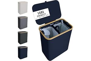 NOSTHEART 140L Cesto Portabiancheria con Coperchio, Cesta Portapanni con 2 Scomparti con Manici Laterali in Bambù, Cesto Biancheria Sporca Salvaspazio e Pieghevole, XL