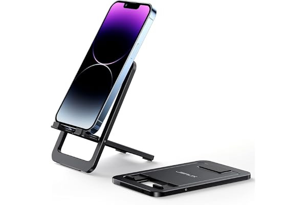 JSAUX Universal Mobile Stand for Desk, Foldable Aluminum Adjustable Phone Stand for Desk Smart Gadgets, Mobile Holder for Home Compatible for iPhone 16/15/14 Pro Max, Galaxy S25/S24/S23, Black