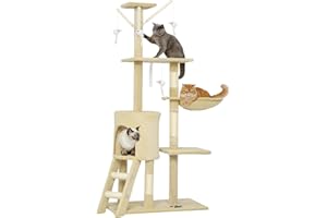 PawHut Árbol Rascador para Gatos Grande, Árbol para Gatos, Altura 134 cm, Torre de Escalada con 6 Postes de Sisal, 3 Plataformas, 1 Cueva, 1 Hamaca, 1 Escalera, 4 Juguetes Colgantes, Beige