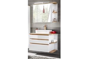 Lomadox Badmöbelset in Hochglanz weiß & Eiche, Waschtisch-Unterschrank mit Keramik-Waschbecken & LED-Spiegelschrank