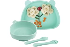 NOHLERLIFE Kinderteller Geschirr-Sets 4 Stücke, Silikon Baby Teller Rutschfest Schüssel mit Löffel Gabel, Babyteller Schüssel mit Saugnapf BPA Freie Spülmaschine und Mikrowelle Safe